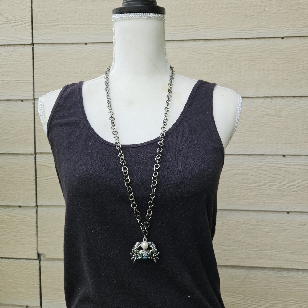 gunmetal chain necklace with rhinestone and faux pearl crab pendant